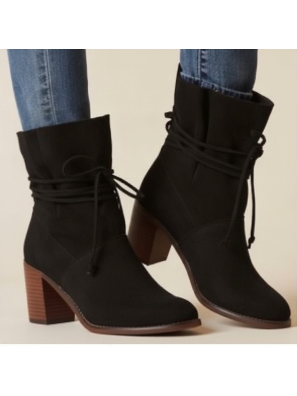 Black Suede Ankle Boots with Wrap-Around Lace and Block Heel